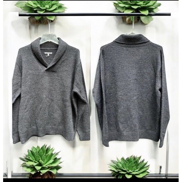 Johnston & Murphy Gray Merino Wool Shawl Neck Sweater Size L Classic Preppy - Picture 1 of 13